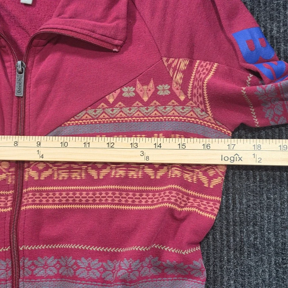 Bench Full Zip Sweatshirt Womens Small Burgundy Good Fair Isle Fox Logo Pockets